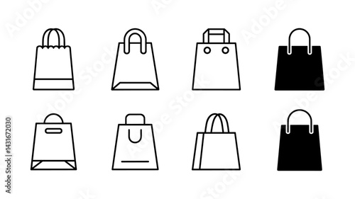 Shopping Bags Icon: A minimalistic illustration of various shopping bags, showcasing clean lines and diverse designs, perfect for representing retail, e-commerce, or promotional content.