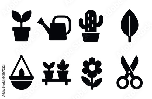 Gardening solid icons set – filled style for horticulture tools and nature elements: seedling, watering can, cactus, leaf, plant hanger, flower, garden shears
