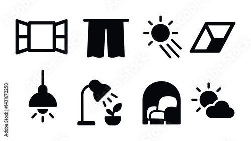 Home decor solid icon set – filled style interior, furniture, and lighting symbols for interior design: window, curtain, sun, lamp, chair, plant, clouds