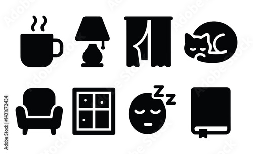 Cozy home essentials silhouette icons set – solid style for comfort and decor: coffee mug, table lamp, curtain, sleeping cat, armchair, window, sleeping emoji, book.
