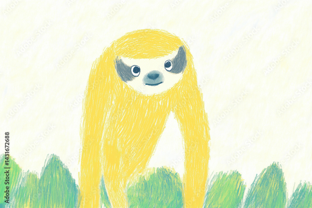 Fototapeta premium Cute sloth drawn with colored pencils in a naive kids drawing style