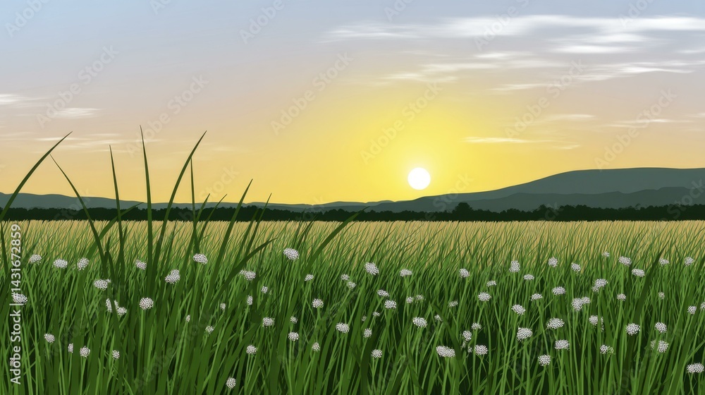 Fototapeta premium Field of Tall Green Grass with White Flowers at Sunset or Sunrise Scenery