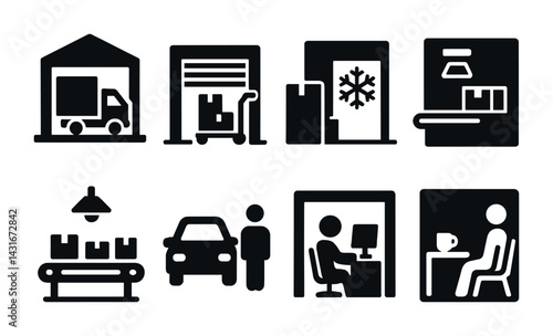 Warehouse operations icon set – solid style for supply chain, logistics, and inventory management: cargo truck, storage rack, cold storage, packaging line, delivery desk, office
