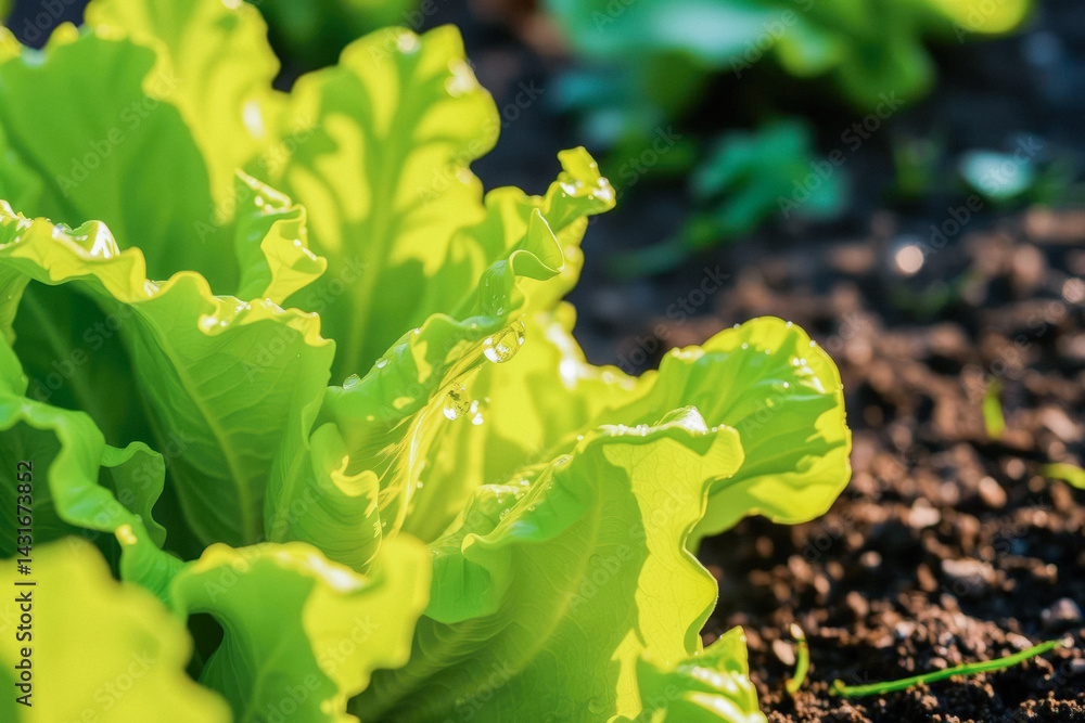 Freshly Watered Lettuce in Garden Bed