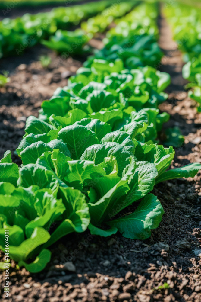 Fresh Lettuce Plants in Rows in Garden