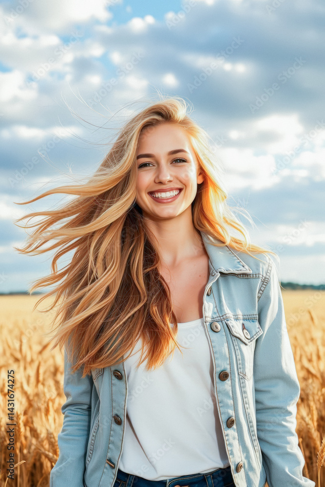 Happy Woman in Wheat Field Smiling Outdoors