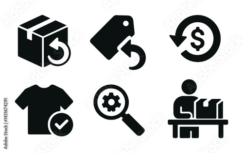 E-commerce return process icon set – solid style online shopping, order management, and customer service symbols: package, price tag, refund, quality check, product inspection