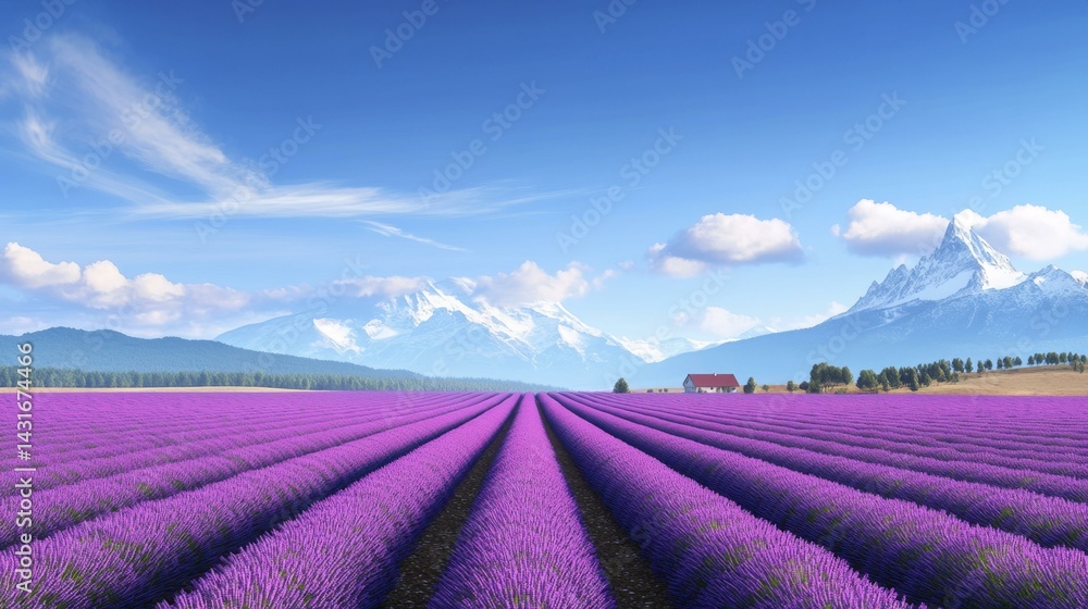 Naklejka premium Vast Lavender Field with Distant Snowy Mountains and a Small House Under a Clear Blue Sky, Promotes Serenity
