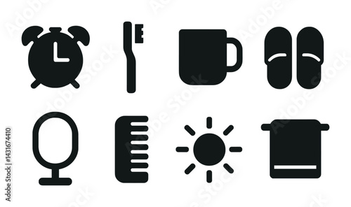 Daily routine silhouette icons set – solid style morning, hygiene, and relaxation symbols for everyday use: alarm clock, toothbrush, mug, slippers, mirror, comb, sun, towel.