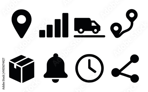 Shipping and delivery solid icons set – solid style logistics, tracking, and transportation symbols for courier services: location pin, bar chart, truck, route, package, bell, clock, share