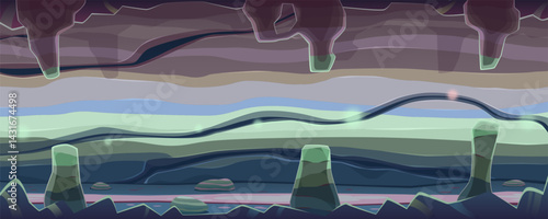 Cave or tunnel with path, layered combination of rock forms striped pattern. Stone columns, stalactites and stalagmites, nature scene, landscape, environment, striped wall. Adventure vector cartoon.