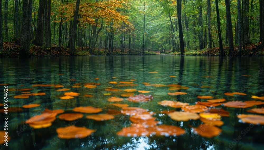 Obraz premium Autumn leaves float on forest stream.