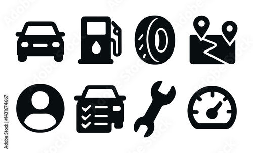 Automotive service icon set – solid style repair, maintenance, and navigation symbols for auto shops: car, fuel pump, tire, map, profile, checklist, wrench, speedometer