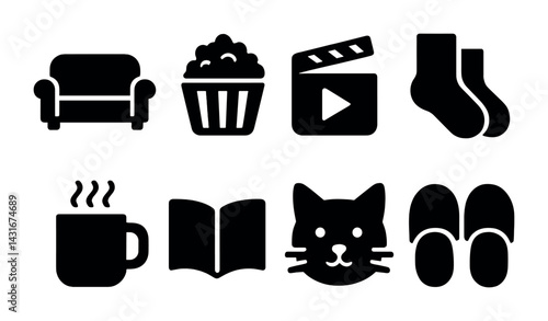 Cozy leisure solid icons set – filled style relaxation, comfort, and home activities symbols: sofa, popcorn, film slate, socks, mug, book, cat, slippers.