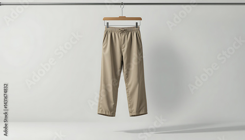 Wallpaper Mural Minimalist Khaki Drawstring Pants, Simple Studio Wardrobe, Neutral Tones, Hanger on Metal Bar. Torontodigital.ca