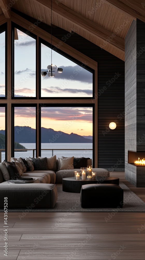 Fototapeta premium A spacious living room features a round bed and fireplace, illuminated by candles, overlooking a serene sunset over the lake