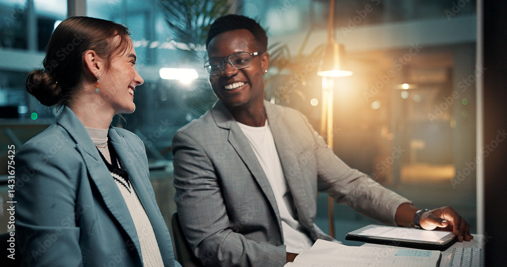 Business people, tablet and idea in meeting at night for deadline, progress update or project management. Happy team, planning or brainstorming with tech in office for budget, schedule or development