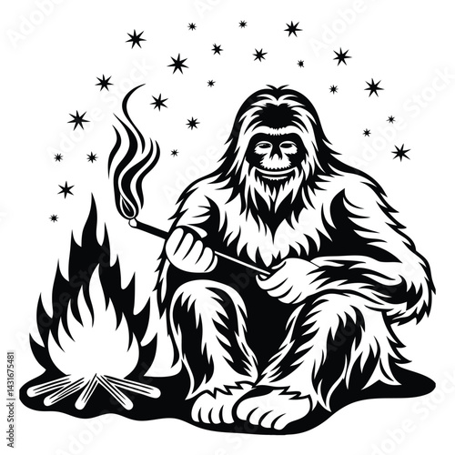 bigfoot roasting marshmallows at campfire  starry