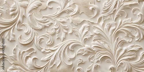 Intricate off-white floral stucco design, elegant and textured, ideal for background or wallpaper, showcasing luxury and classic style