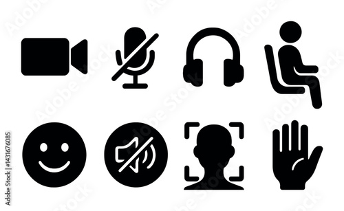 Multimedia communication solid icons set – flat style digital interaction, connectivity, and user engagement symbols: video camera, microphone, headphones, user, emoji, speaker, face recognition,
