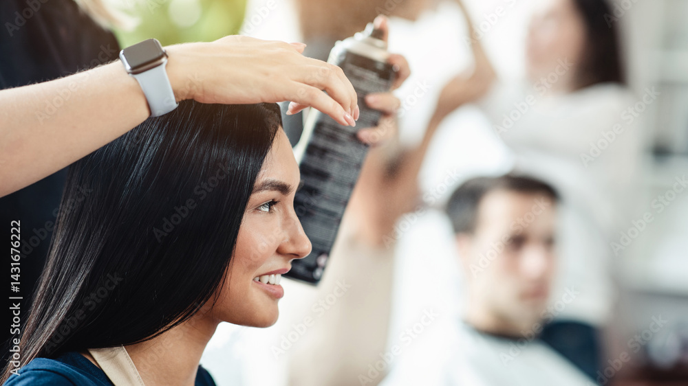 Fototapeta premium Long awaited beauty procedures. Happy woman enjoying hairstyle at hairdresser salon, close up, free space
