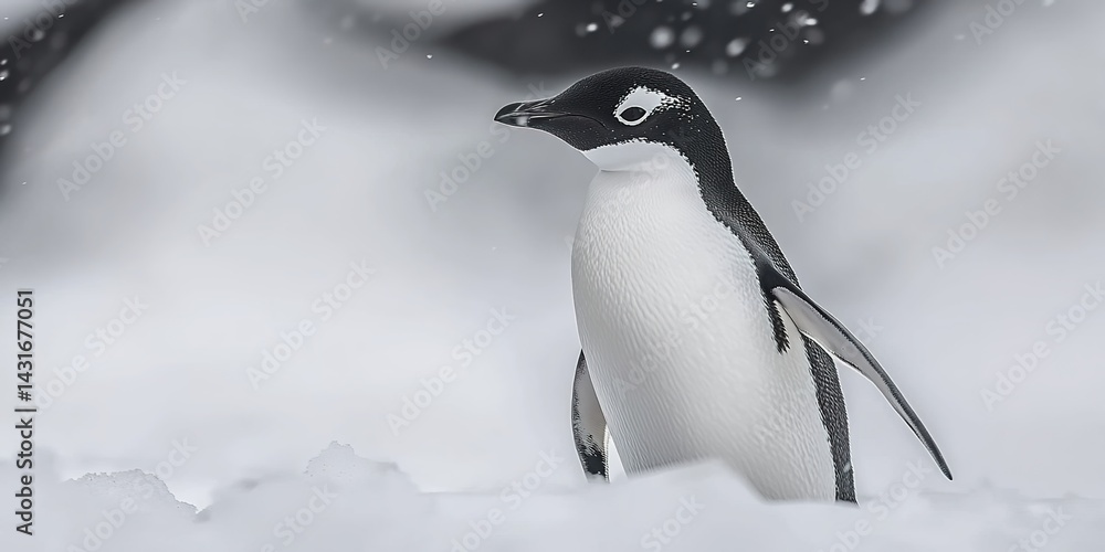 Obraz premium Penguin standing on snow with head patterns, blurred snowy background.