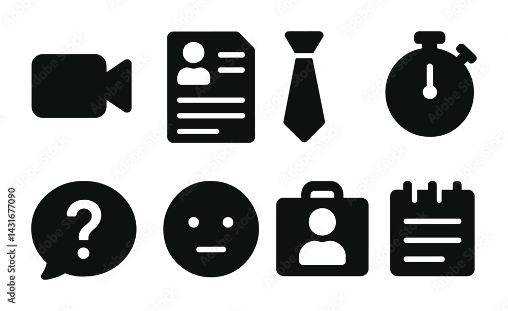 Business and career solid icons set – filled style corporate, professional, and office symbols for job applications: video camera, resume, necktie, stopwatch, question mark, neutral face, briefcase,