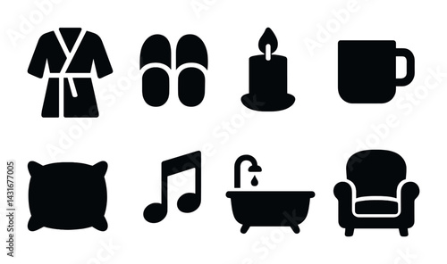 Home comfort solid icons set – silhouette style relaxation, decor, and lifestyle symbols: robe, slippers, candle, mug, pillow, music note, bathtub, armchair.