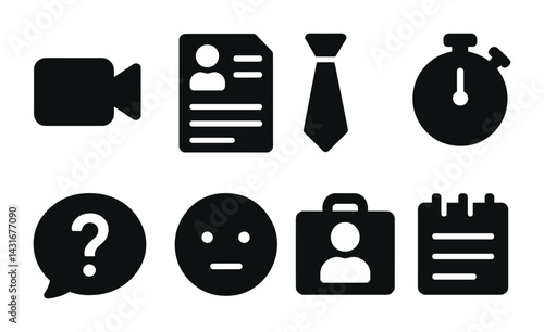 Obraz na płótnie Business and career solid icons set – filled style corporate, professional, and office symbols for job applications: video camera, resume, necktie, stopwatch, question mark, neutral face, briefcase, w salonie