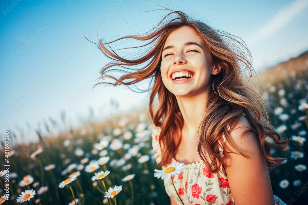 Joyful Woman in a Field of Daisies