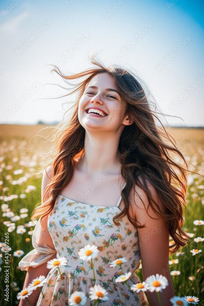 Joyful Woman in a Field of Daisies