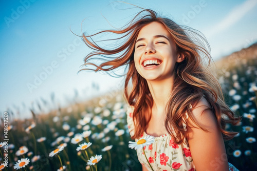 Obraz na płótnie Joyful Woman in a Field of Daisies w salonie
