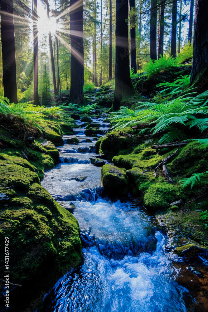 Sunlight Streams Through Forest Creek