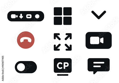 Digital communication solid icons set – filled style messaging, video call, and online interaction symbols: call button, video camera, text message, fullscreen, toggle switch.