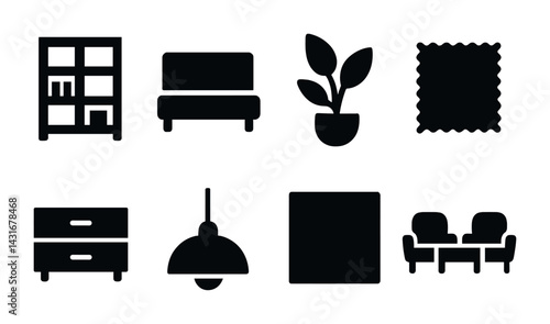 Home furniture and decor solid icons set - silhouette style interior, furnishing, and design symbols for modern living: bookshelf, sofa, plant, fabric, dresser, lamp, art, chairs.