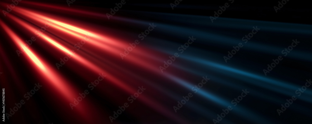 Fototapeta premium Abstract background featuring soft, diagonal beams. Warm red light contrasts cool blue light against a dark backdrop for a smooth, atmospheric effect with implied direction.