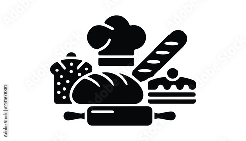 Bakery icon set with bread, rolling pin, cake, and chef hat