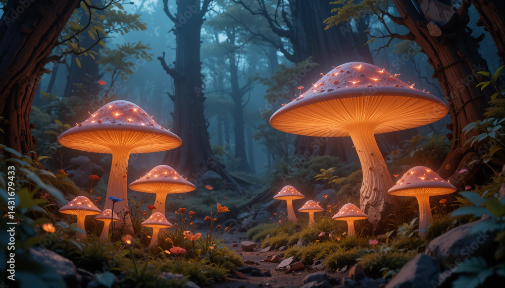 Fototapeta premium Enchanted Forest: Luminescent mushrooms cast an ethereal glow within a mystical forest scene, their caps dotted with captivating lights, inviting viewers to explore a realm of magic and wonder.