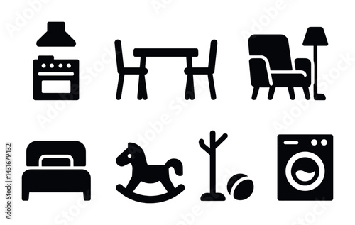 Home furniture and appliances icons set – solid style for interior design and decoration: stove, dining table, armchair, bed, rocking horse, coat rack, washing machine.