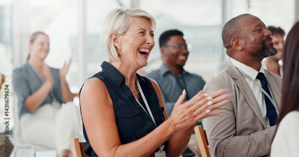 Conference, applause and business people with achievement, smile and feedback with support. Audience, laughing or group in workplace, clapping or success with thank you, humor or event with cheering