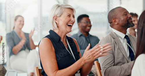 Obraz na płótnie Conference, applause and business people with achievement, smile and feedback with support. Audience, laughing or group in workplace, clapping or success with thank you, humor or event with cheering w salonie