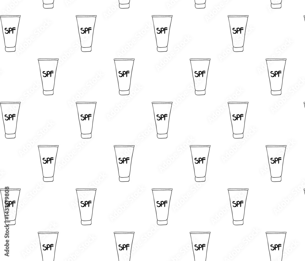 Seamless pattern with sunscreens. SPF cream tube. A tube of sunscreen for sun protection. Vector graphic line ink summer element for travel, tourism, and leisure. Cosmetic product. Beauty industry Seamless pattern with sunscreens. SPF cream tube. A tube of sunscreen for sun protection. Vector graphic line ink summer element for travel, tourism, and leisure. Cosmetic product. Beauty industry