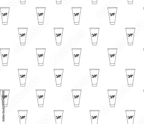 Seamless pattern with sunscreens. SPF cream tube. A tube of sunscreen for sun protection. Vector graphic line ink summer element for travel, tourism, and leisure. Cosmetic product. Beauty industry