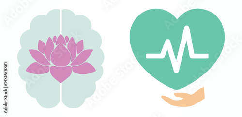 Positive thinking, mental health, balance, heart, healthy, care, hand. Lotus, human brain, emotional well-being, personality, mind, stress free. Icon, set, vector