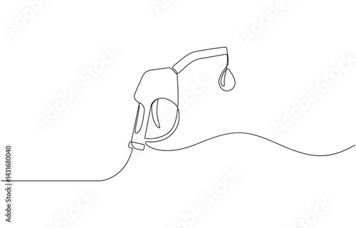 Refueling gas gun dispenser single continuous line art. Petrol industry business car diesel pump refuel headline, Gasoline pistol isolated on white background. One line continuous gasoline pistol art.