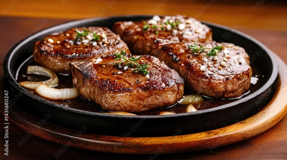 Mouthwatering seared steaks topped with thyme and onions simmering in a flavorful sauce, perfect for a hearty dinner Mouthwatering seared steaks topped with thyme and onions simmering in a flavorful sauce, perfect for a hearty dinner