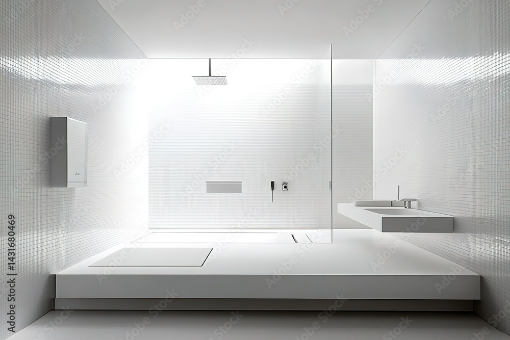 Fototapeta premium A minimalist, sleek bathroom with a frameless shower, floating vanity, and white tile walls for simplicity