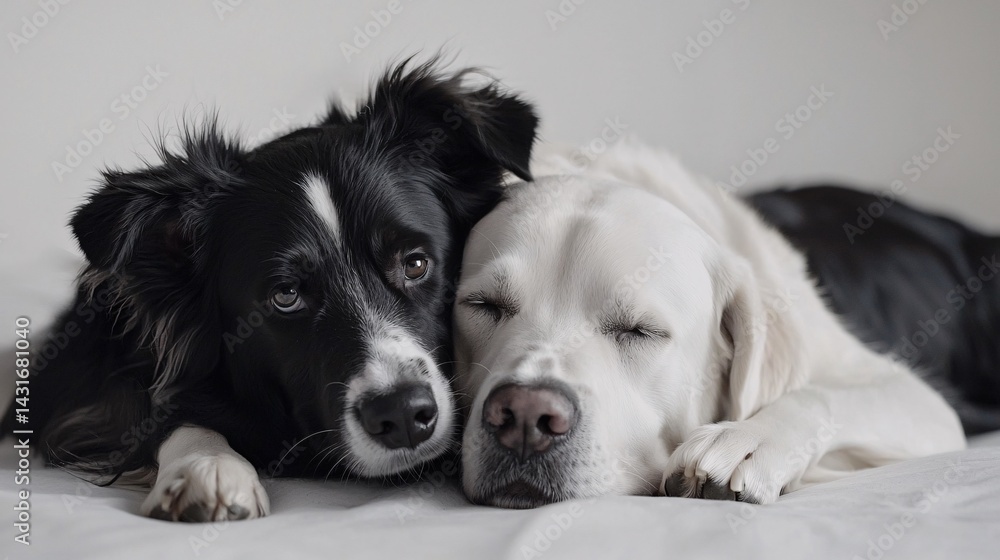 blind Labrador with a gentle expression leans against a playful Border Collie, both resting on a white surface. Copy space. blind dog, Labrador, gentle, Border Collie, playful, leaning, support, blind Labrador with a gentle expression leans against a playful Border Collie, both resting on a white surface. Copy space. blind dog, Labrador, gentle, Border Collie, playful, leaning, support,