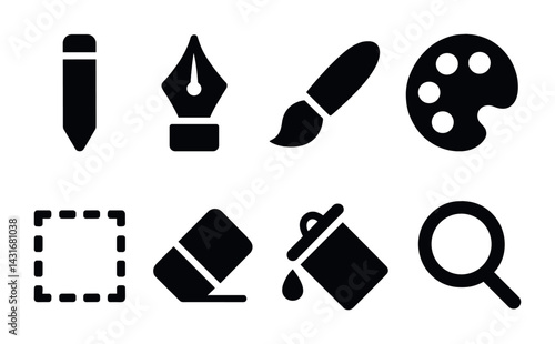 Graphic design tools icon set – solid style creative, art, and digital symbols: pencil, pen nib, brush, palette, selection, eraser, paint bucket, magnifying glass.