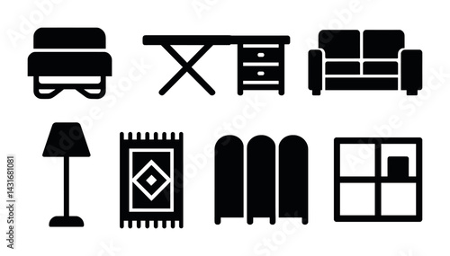 Home furniture solid icons set – flat style decor, interiors, and furnishing essentials for modern living: sofa, bed, desk, lamp, rug, cabinet, table, divider.